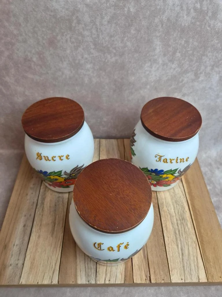 Lot de 3 potes de provision vintage Brf – Café, Farinha e Açúcar – vidro opalino – photo 2